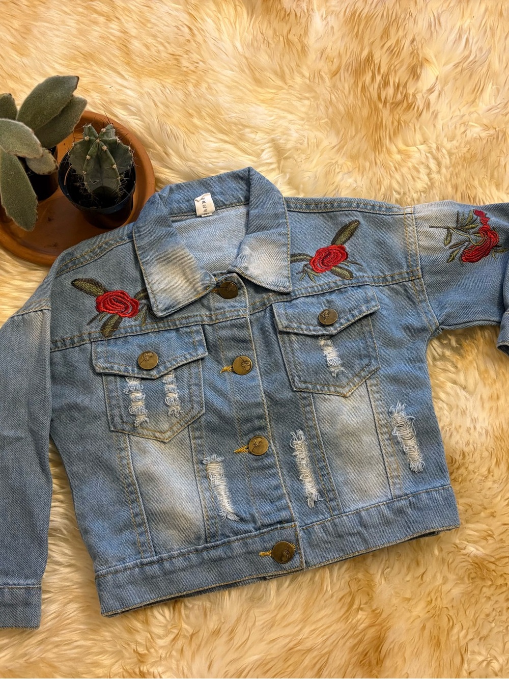 2T Embroidered Rose Light Blue Denim Jacket for Kids embroidery western